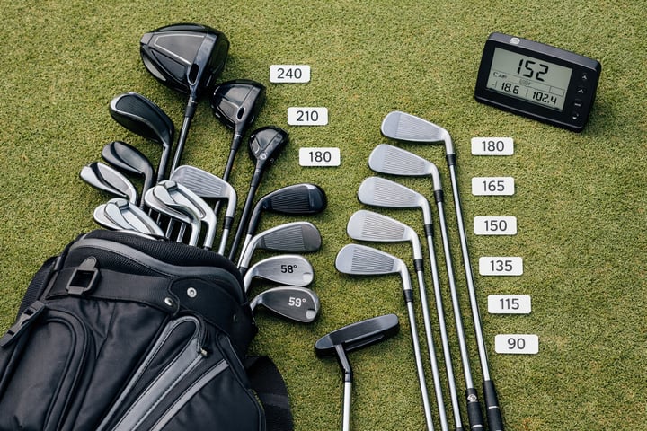 A full golf bag laid out with clubs visible