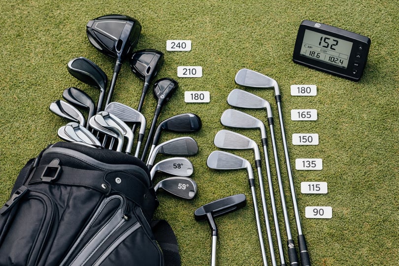 A full golf bag laid out with clubs visible