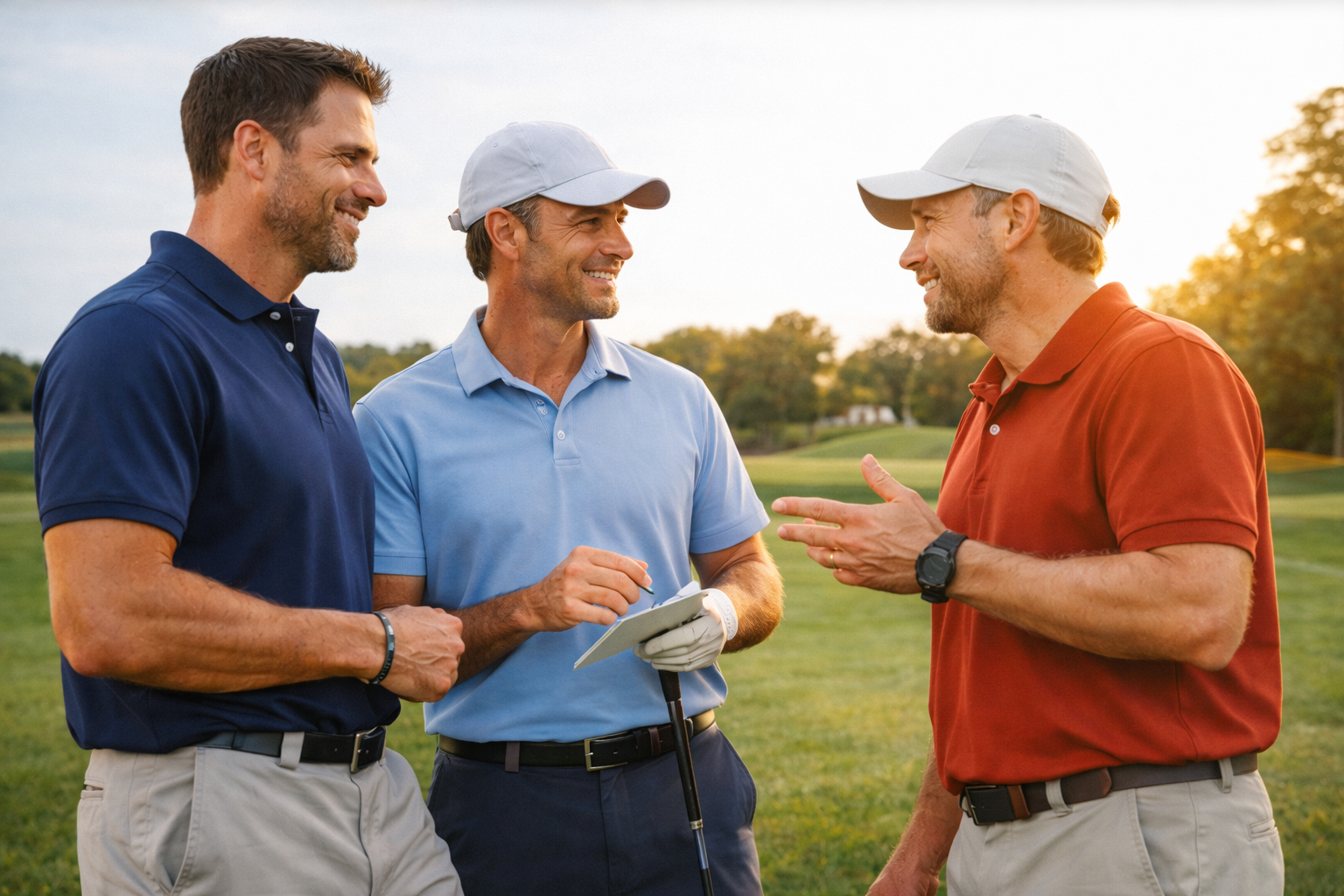 three golfers talking together