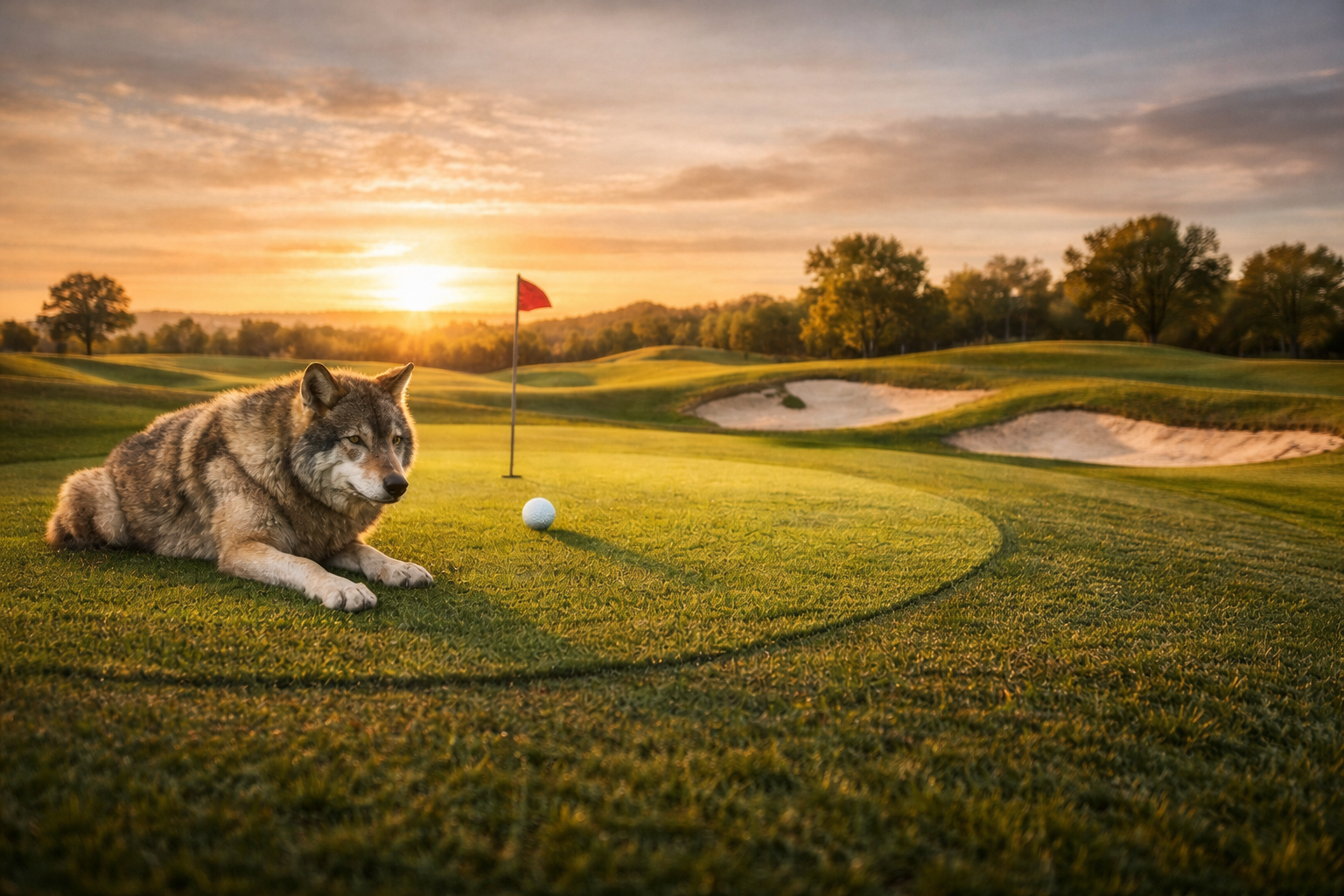 Wolf Sitting on golf green